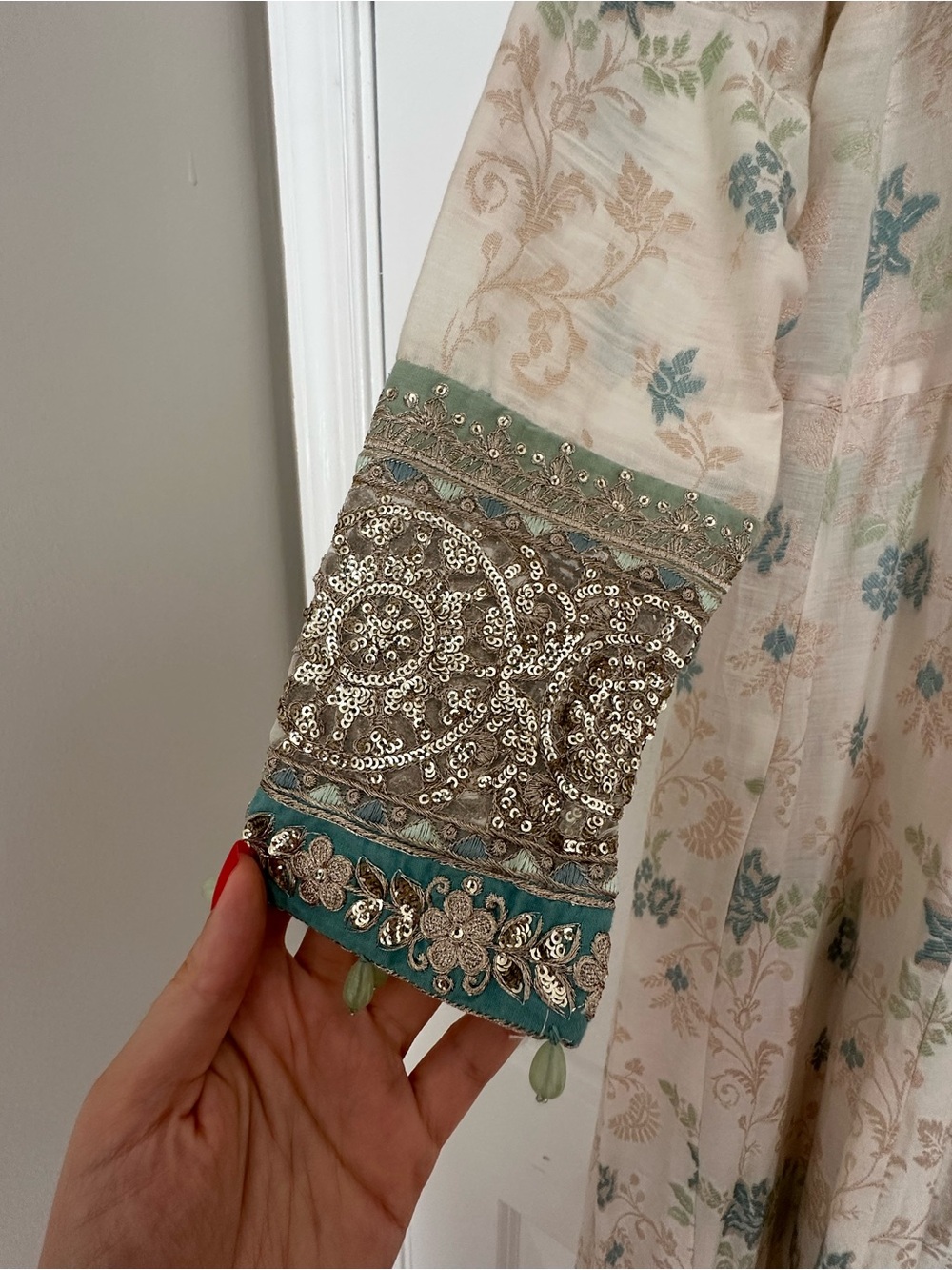 Maria B - Cream & Light Blue Embroidered Long Dress - Picture 3 of 7